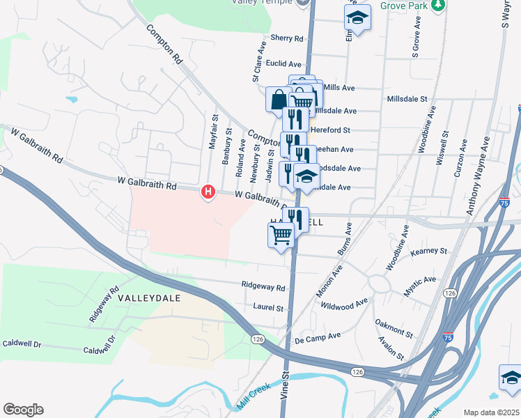 map of restaurants, bars, coffee shops, grocery stores, and more near in Cincinnati