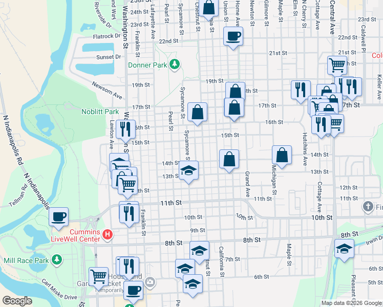 map of restaurants, bars, coffee shops, grocery stores, and more near 1430 Chestnut Street in Columbus