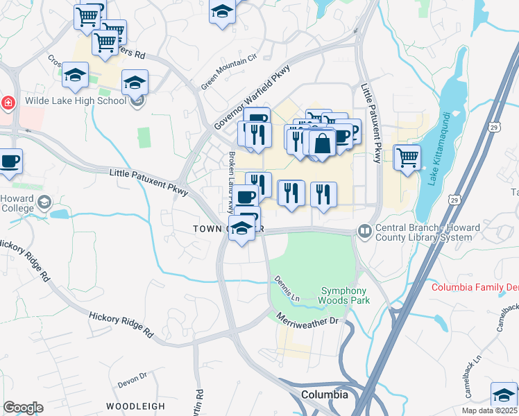 map of restaurants, bars, coffee shops, grocery stores, and more near 10540 Little Patuxent Parkway in Columbia