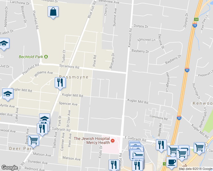 map of restaurants, bars, coffee shops, grocery stores, and more near 8521 Myrtlewood Avenue in Cincinnati