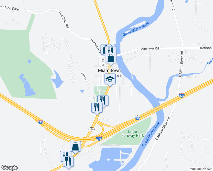 map of restaurants, bars, coffee shops, grocery stores, and more near 8113 West Mill Street in Cleves