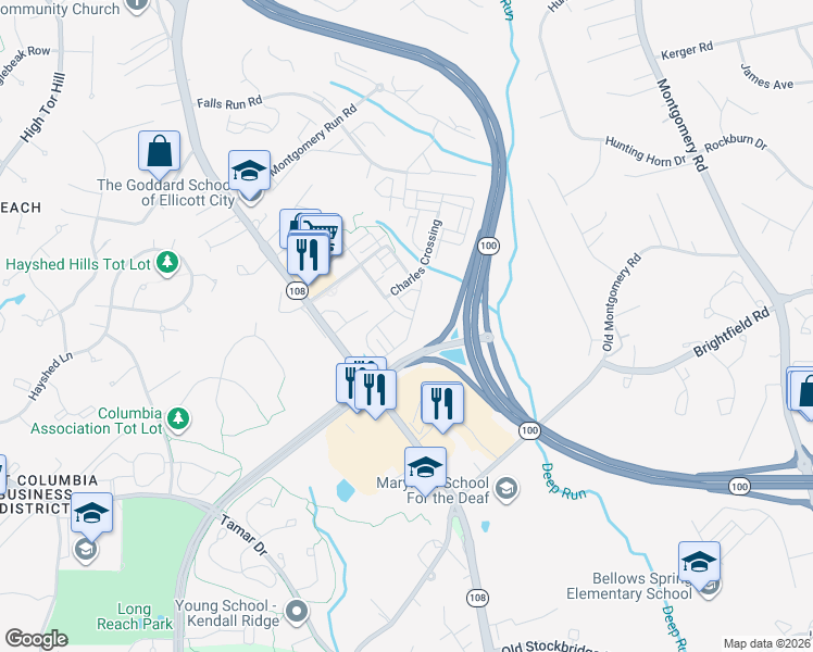 map of restaurants, bars, coffee shops, grocery stores, and more near 5954 Logans Way in Ellicott City