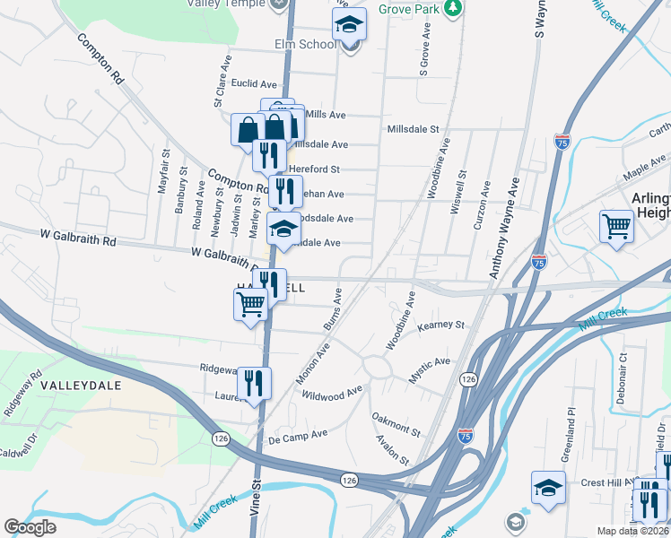map of restaurants, bars, coffee shops, grocery stores, and more near 8309 Burns Avenue in Cincinnati