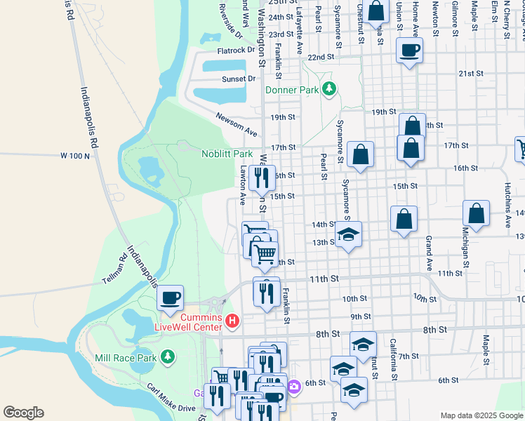 map of restaurants, bars, coffee shops, grocery stores, and more near 1451 Washington Street in Columbus