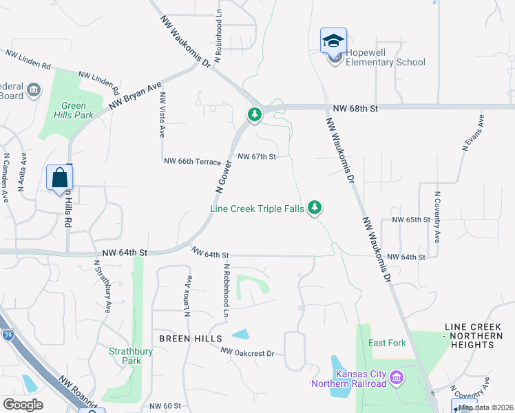 map of restaurants, bars, coffee shops, grocery stores, and more near 6405 Northwest Daggett Road in Kansas City