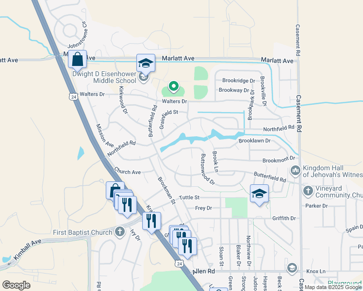 map of restaurants, bars, coffee shops, grocery stores, and more near 2708 Buttonwood Drive in Manhattan