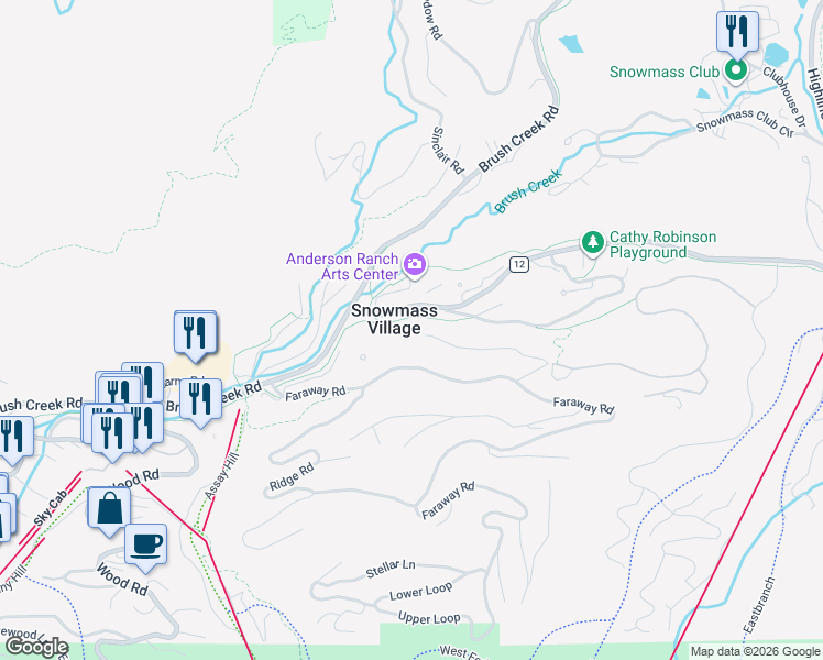 map of restaurants, bars, coffee shops, grocery stores, and more near 135 Twin Ridge Drive in Aspen