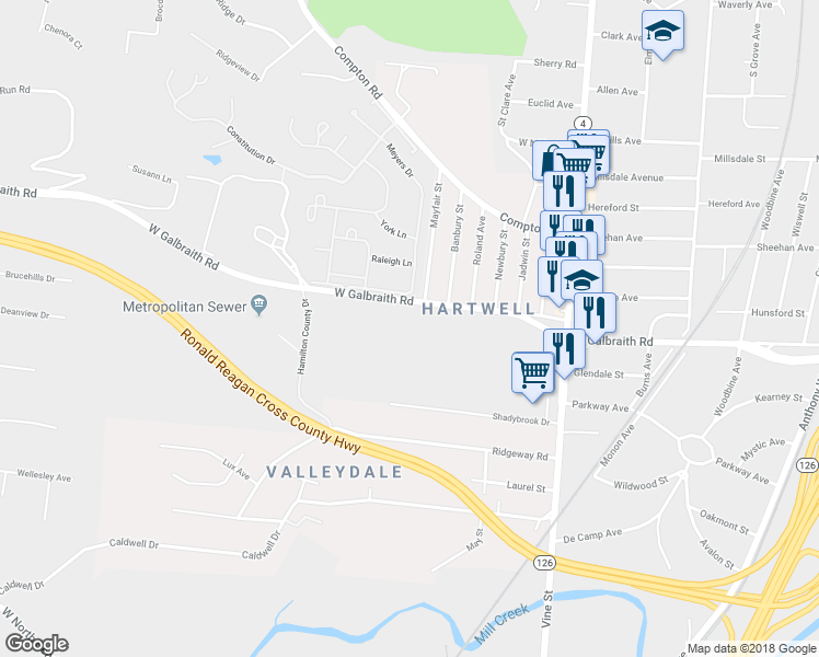 map of restaurants, bars, coffee shops, grocery stores, and more near 151 West Galbraith Road in Cincinnati