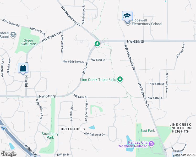 map of restaurants, bars, coffee shops, grocery stores, and more near 6405 Northwest Daggett Road in Kansas City