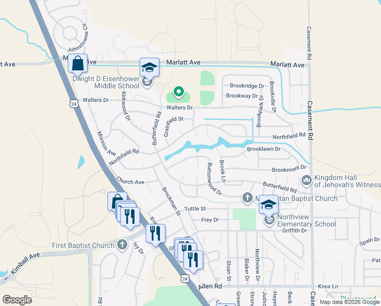 map of restaurants, bars, coffee shops, grocery stores, and more near 2614 Buttonwood Drive in Manhattan