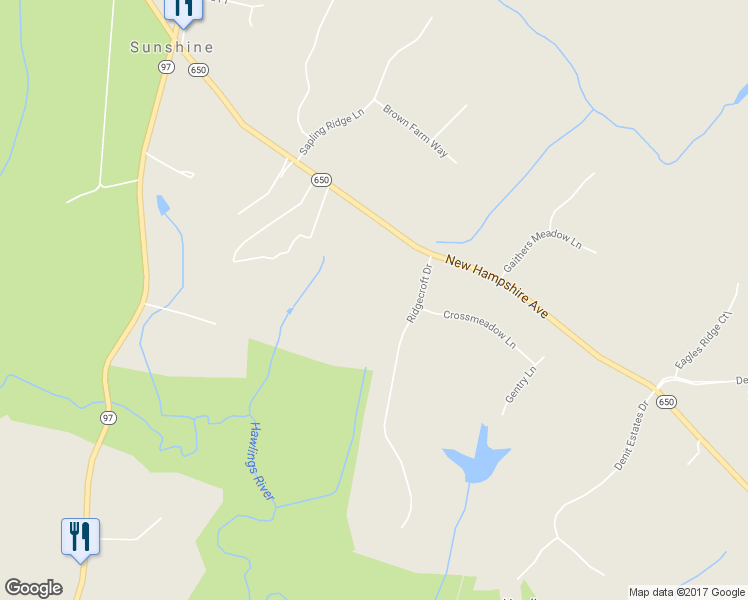 map of restaurants, bars, coffee shops, grocery stores, and more near 21830 New Hampshire Avenue in Brookeville