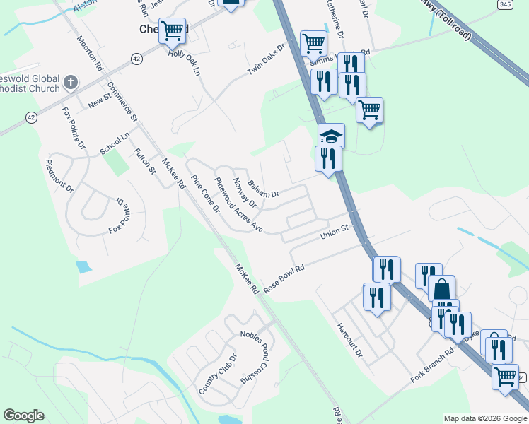 map of restaurants, bars, coffee shops, grocery stores, and more near 341 Norway Drive in Dover