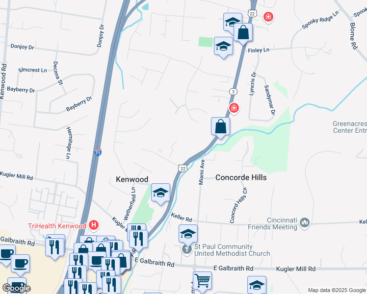 map of restaurants, bars, coffee shops, grocery stores, and more near 7300 Dearwester Drive in Cincinnati
