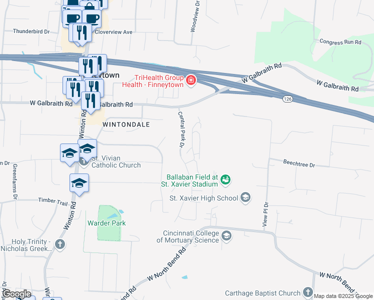 map of restaurants, bars, coffee shops, grocery stores, and more near 7821 Ramble View in Cincinnati
