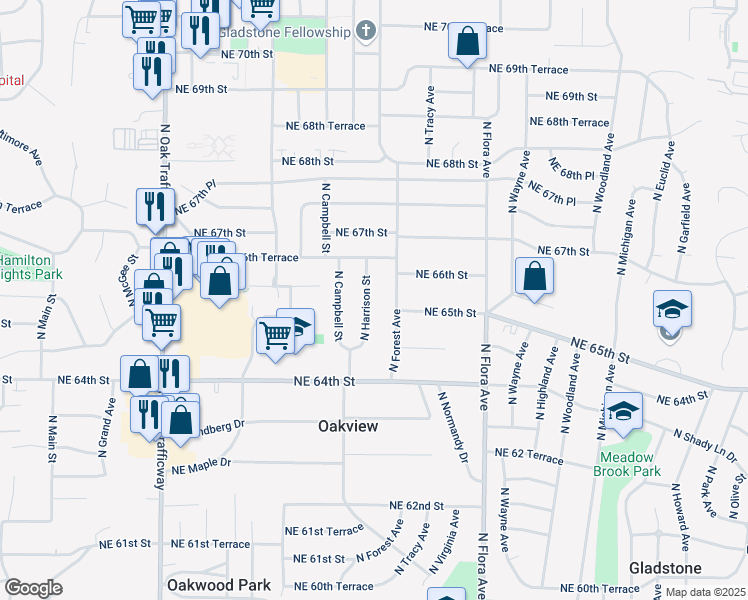 map of restaurants, bars, coffee shops, grocery stores, and more near 6510 North Harrison Street in Kansas City