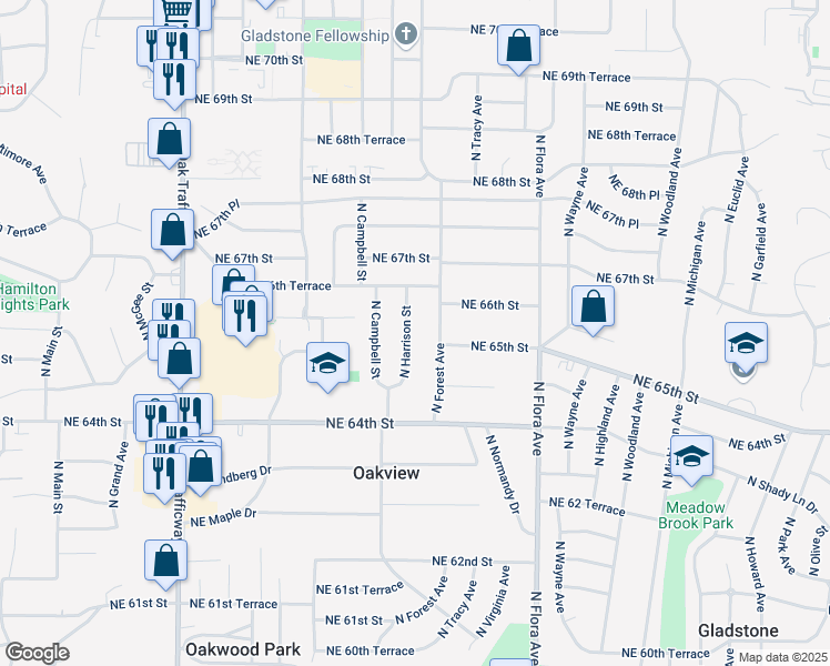 map of restaurants, bars, coffee shops, grocery stores, and more near 6510 North Harrison Street in Kansas City
