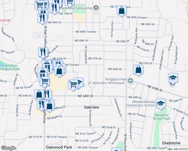map of restaurants, bars, coffee shops, grocery stores, and more near 6510 North Harrison Street in Kansas City