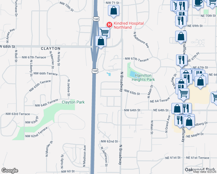 map of restaurants, bars, coffee shops, grocery stores, and more near 511 Northwest 66th Street in Kansas City