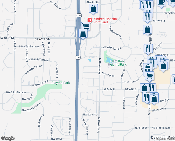 map of restaurants, bars, coffee shops, grocery stores, and more near 511 Northwest 66th Street in Kansas City