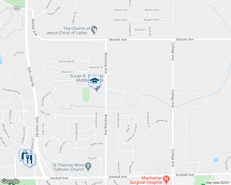map of restaurants, bars, coffee shops, grocery stores, and more near 2909 Willowbend Court in Manhattan