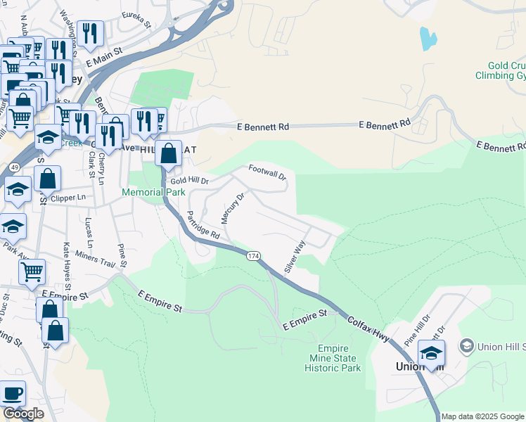 map of restaurants, bars, coffee shops, grocery stores, and more near 10819 Gold Hill Drive in Grass Valley