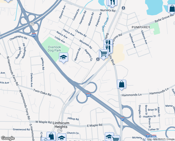 map of restaurants, bars, coffee shops, grocery stores, and more near 1 Coronet Drive in Linthicum Heights