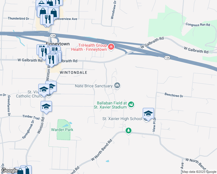 map of restaurants, bars, coffee shops, grocery stores, and more near 7821 Ramble View in Cincinnati