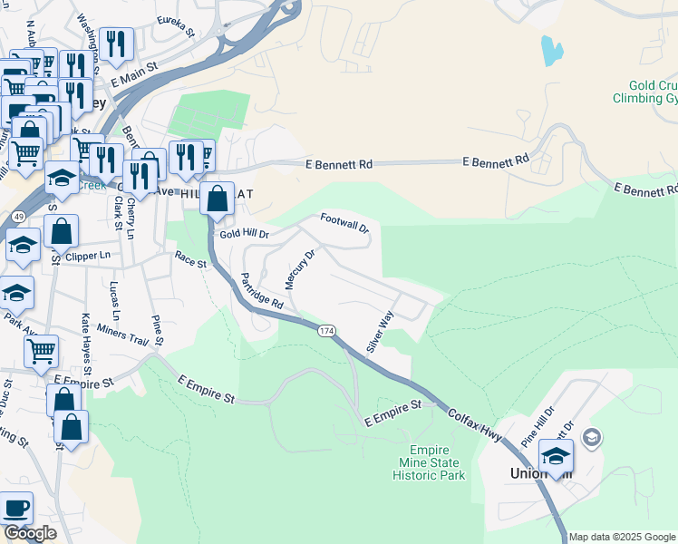 map of restaurants, bars, coffee shops, grocery stores, and more near 10819 Gold Hill Drive in Grass Valley