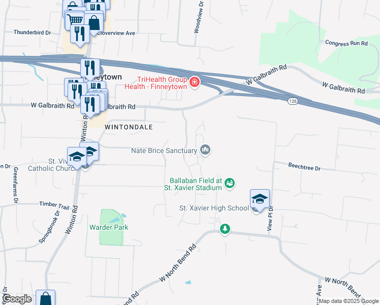 map of restaurants, bars, coffee shops, grocery stores, and more near 7821 Ramble View in Cincinnati