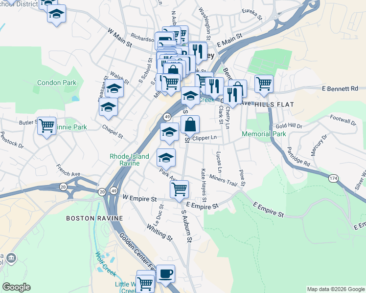 map of restaurants, bars, coffee shops, grocery stores, and more near 408 South Auburn Street in Grass Valley