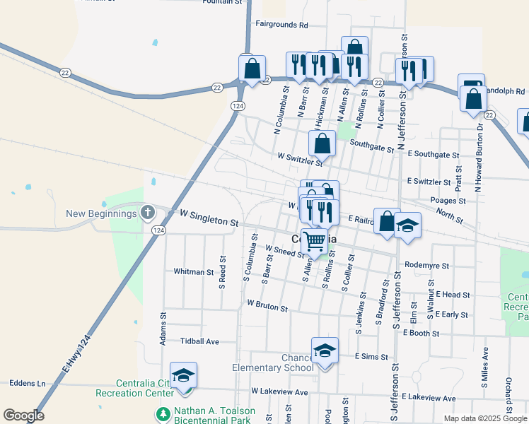 map of restaurants, bars, coffee shops, grocery stores, and more near 108 Pioneer Court in Centralia