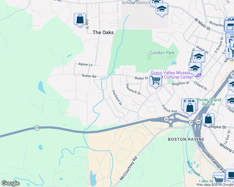 map of restaurants, bars, coffee shops, grocery stores, and more near 585 Delia Court in Grass Valley