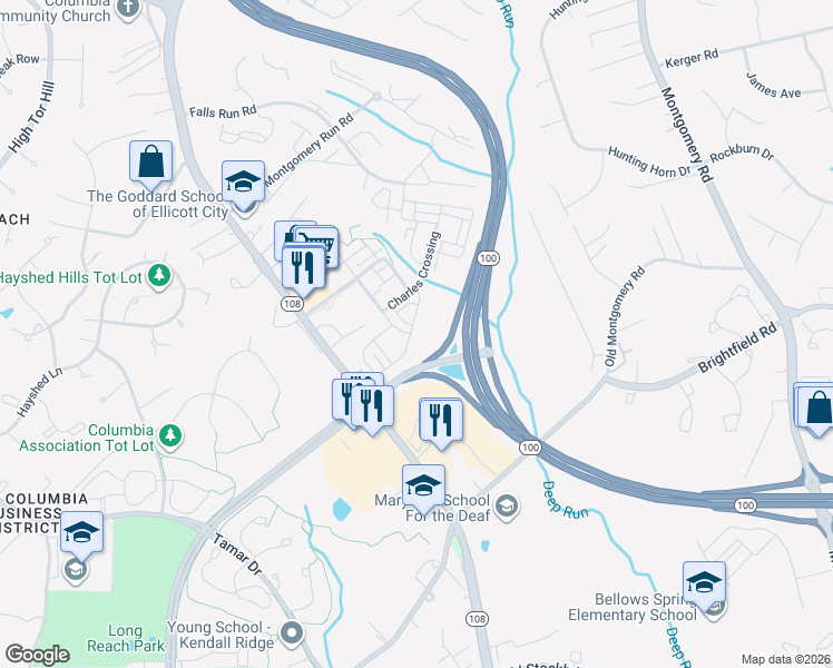 map of restaurants, bars, coffee shops, grocery stores, and more near 5941 Logans Way in Ellicott City