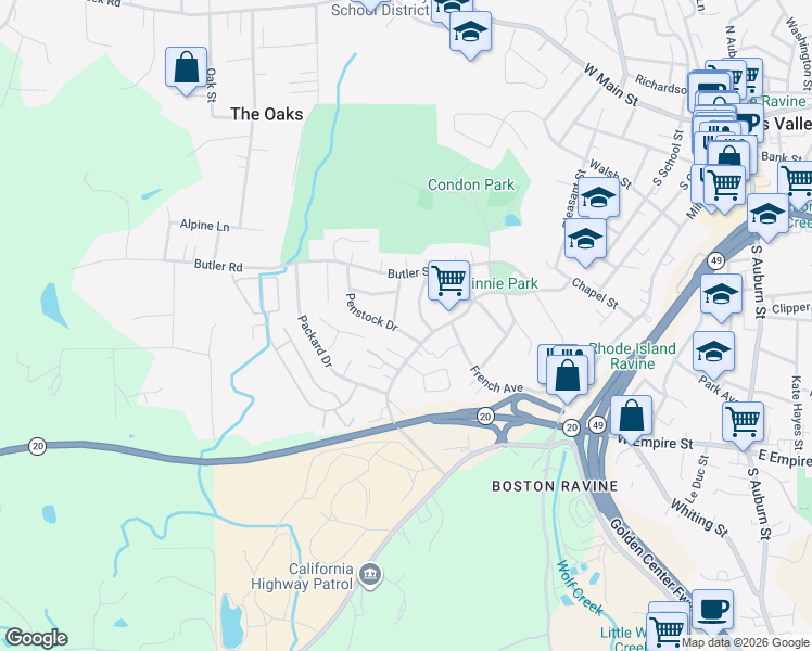 map of restaurants, bars, coffee shops, grocery stores, and more near 517 Penstock Drive in Grass Valley