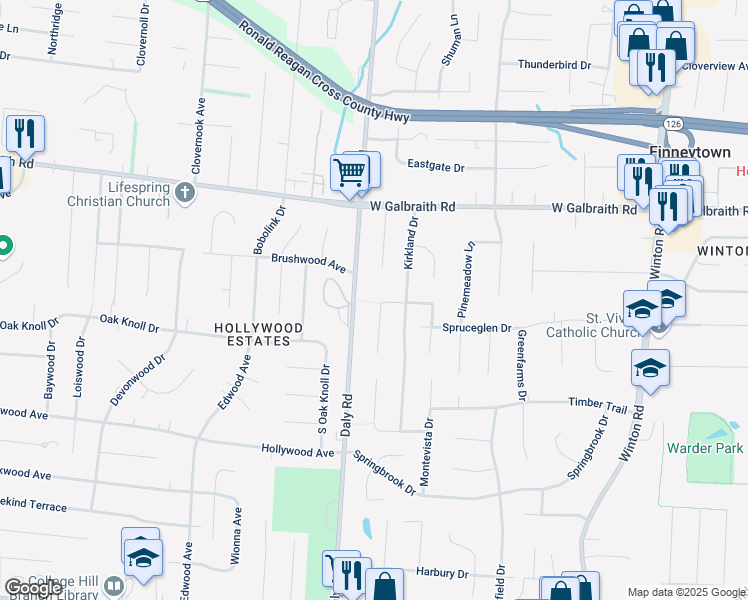 map of restaurants, bars, coffee shops, grocery stores, and more near 6770 Daly Road in Cincinnati