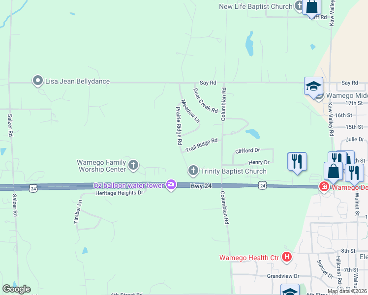 map of restaurants, bars, coffee shops, grocery stores, and more near 4545 Prairie Ridge Road in Wamego