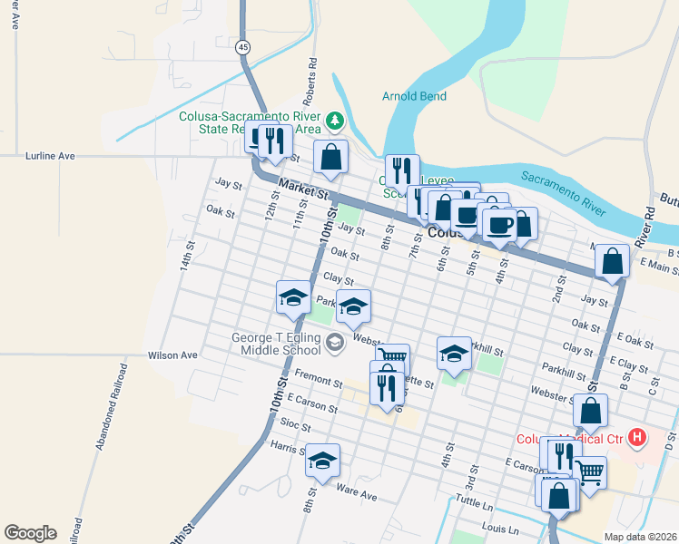 map of restaurants, bars, coffee shops, grocery stores, and more near 430 9th Street in Colusa