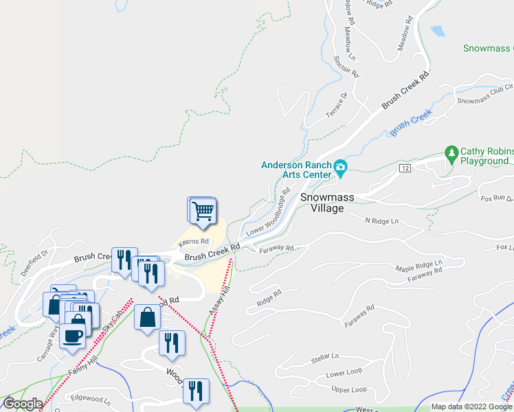 map of restaurants, bars, coffee shops, grocery stores, and more near 35 Upper Woodbridge Road in Snowmass Village