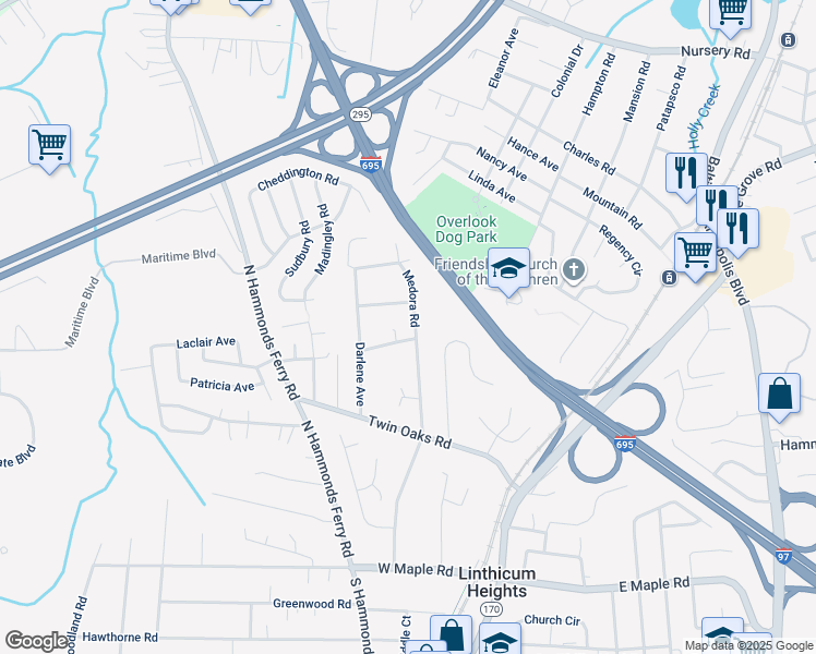 map of restaurants, bars, coffee shops, grocery stores, and more near 6006 Medora Road in Linthicum Heights
