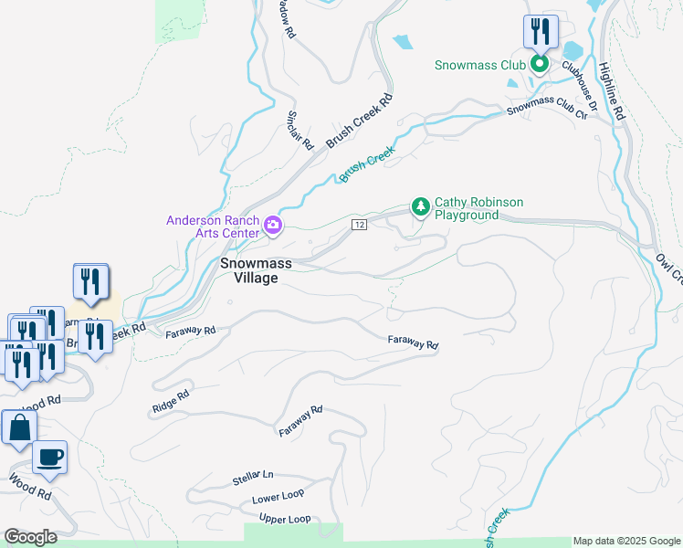 map of restaurants, bars, coffee shops, grocery stores, and more near 128 Meadow Ranch in Aspen