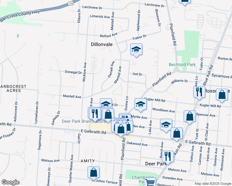 map of restaurants, bars, coffee shops, grocery stores, and more near 4015 Estermarie Drive in Cincinnati