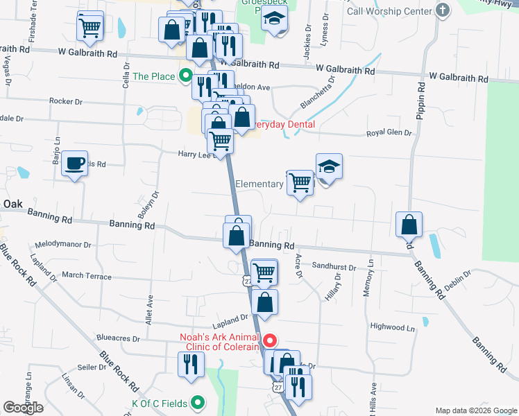 map of restaurants, bars, coffee shops, grocery stores, and more near 2919 Jonrose Avenue in Cincinnati