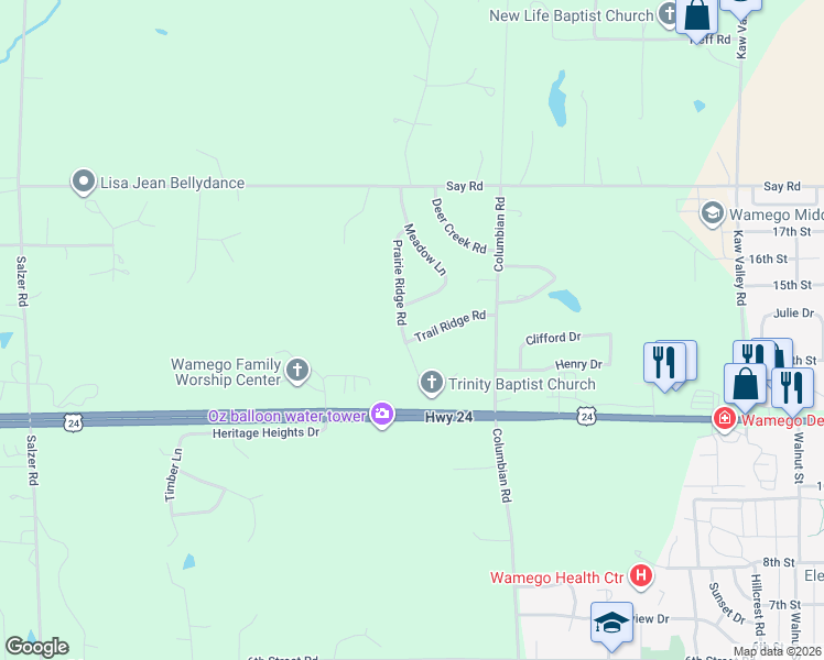 map of restaurants, bars, coffee shops, grocery stores, and more near 4545-4553 Prairie Ridge Road in Wamego