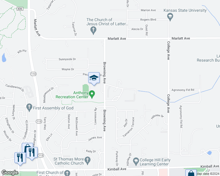 map of restaurants, bars, coffee shops, grocery stores, and more near 2909 Willowbend Court in Manhattan