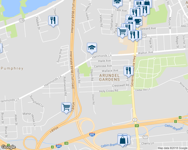 map of restaurants, bars, coffee shops, grocery stores, and more near 128 Bon Air Avenue in Brooklyn Park