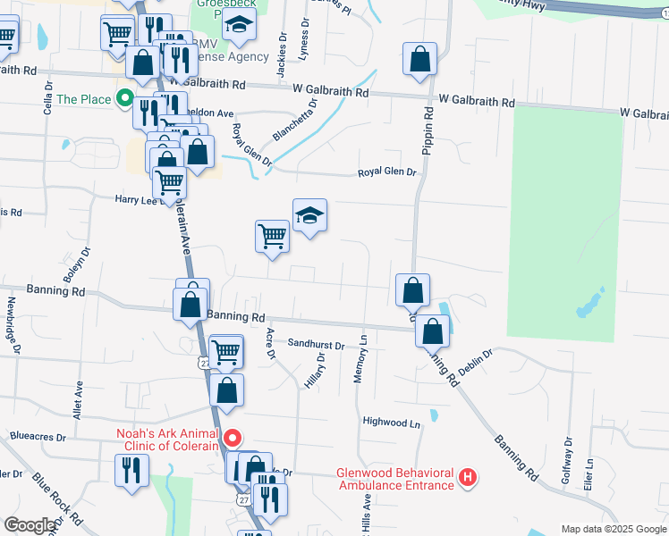 map of restaurants, bars, coffee shops, grocery stores, and more near 7219 Longwood Court in Cincinnati