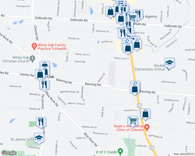 map of restaurants, bars, coffee shops, grocery stores, and more near 7231 Boleyn Drive in Cincinnati