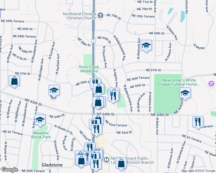 map of restaurants, bars, coffee shops, grocery stores, and more near 6512 North Montgall Avenue in Gladstone