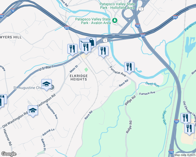 map of restaurants, bars, coffee shops, grocery stores, and more near 5756 Railroad Avenue in Elkridge