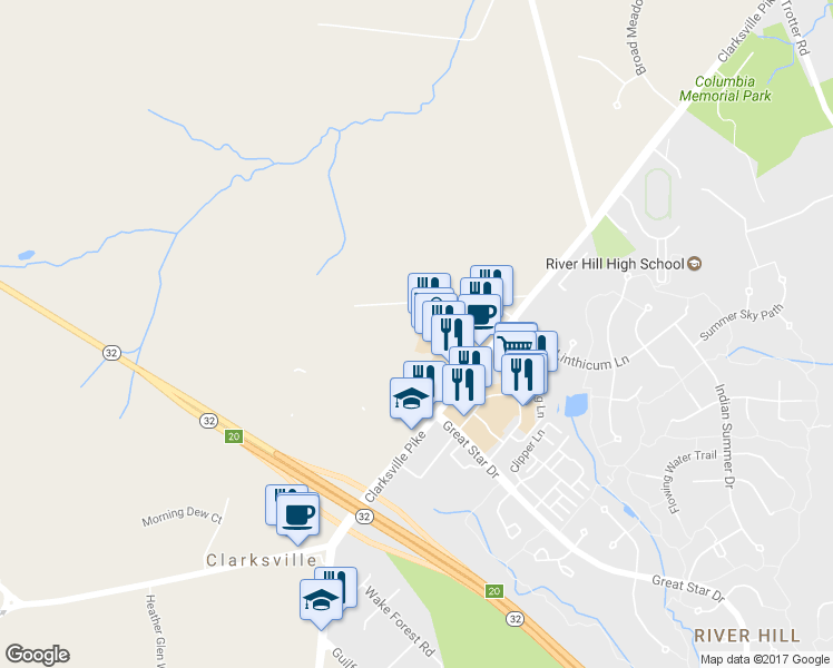 map of restaurants, bars, coffee shops, grocery stores, and more near 5803 Clarksville Square Drive in Clarksville